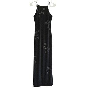 DE LARU By Sheila Yen Black Beaded Floral Halter Maxi Dress Gown Size‎ 5/6 Glam